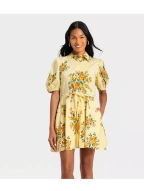 Women's Balloon Short Sleeve Mini Shirtdress - A New Day™ Yellow Floral M